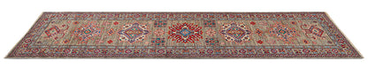 Classic Kazak runner rug, Multicoloured, handmade, 302x82cm
