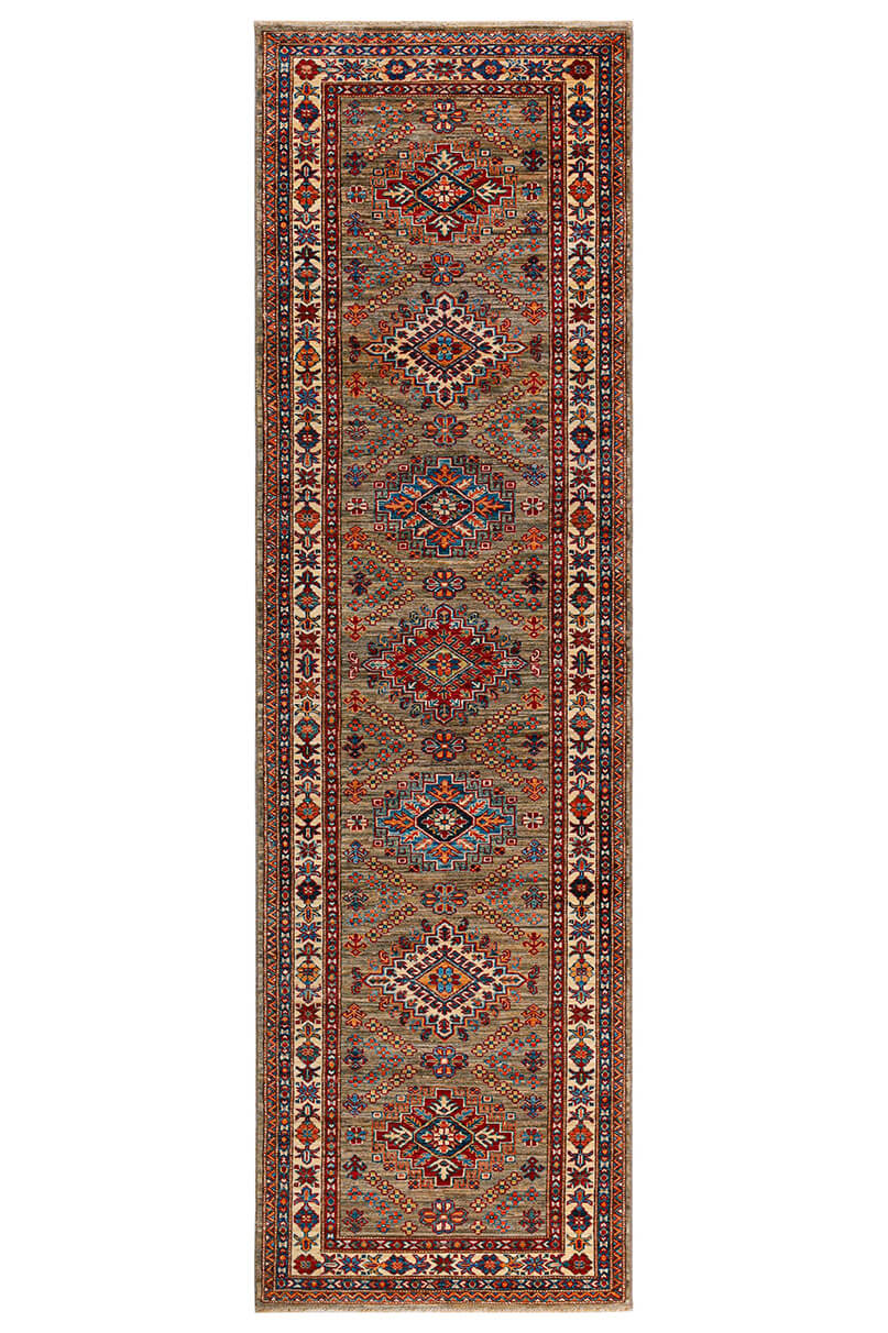 Classic Kazak runner rug, Multicoloured, handmade, 305x81cm