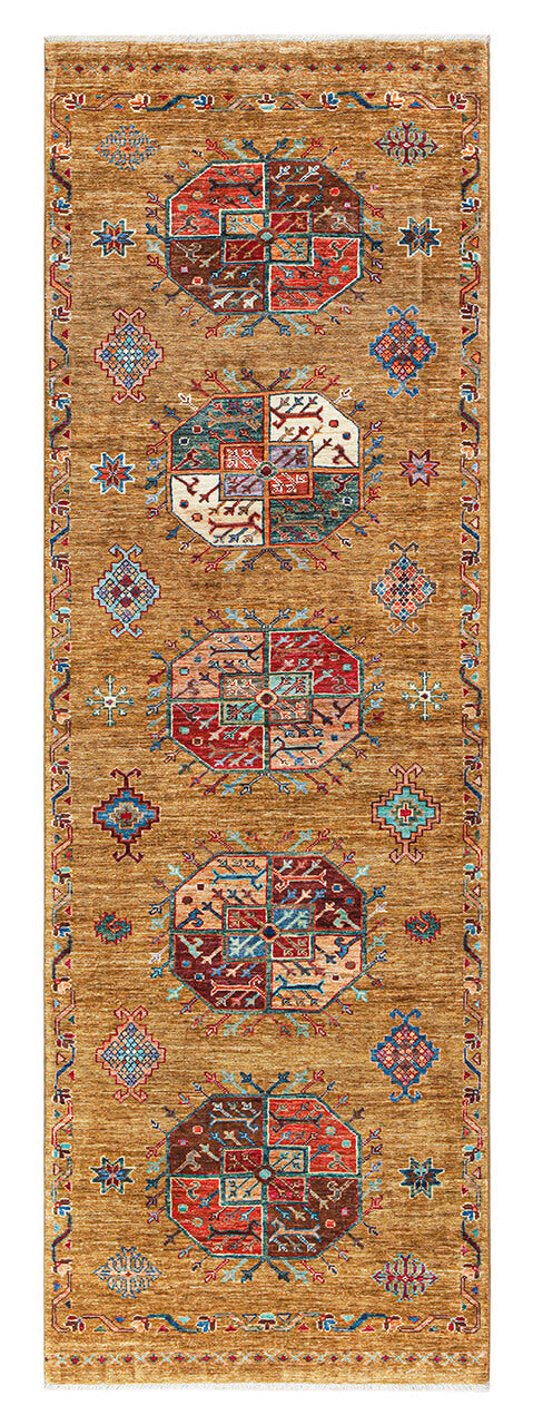 Afghan wool runner rug yellow, handmade 265x84cm