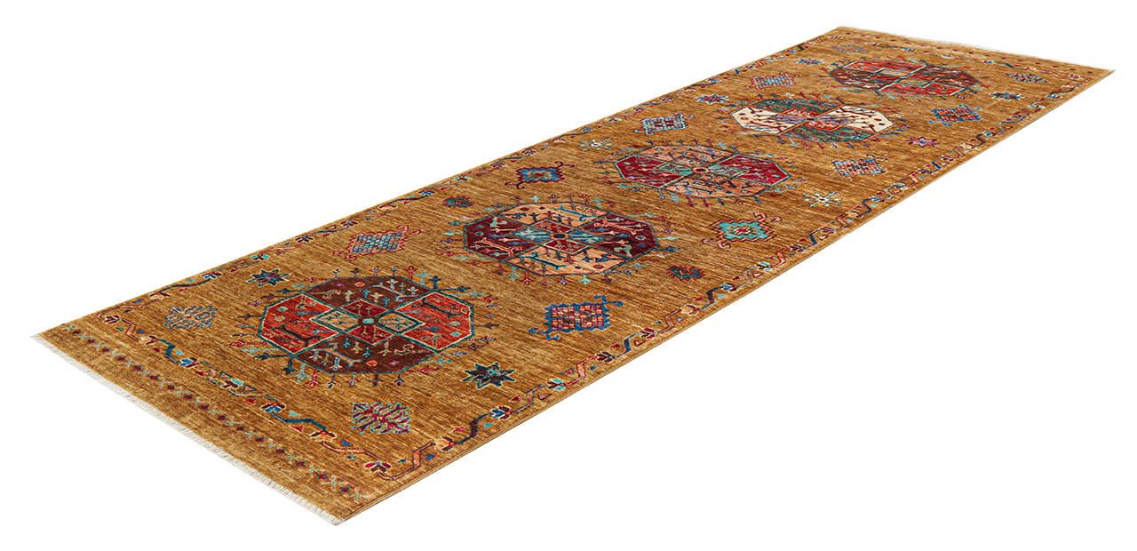 Afghan wool runner rug yellow, handmade 265x84cm
