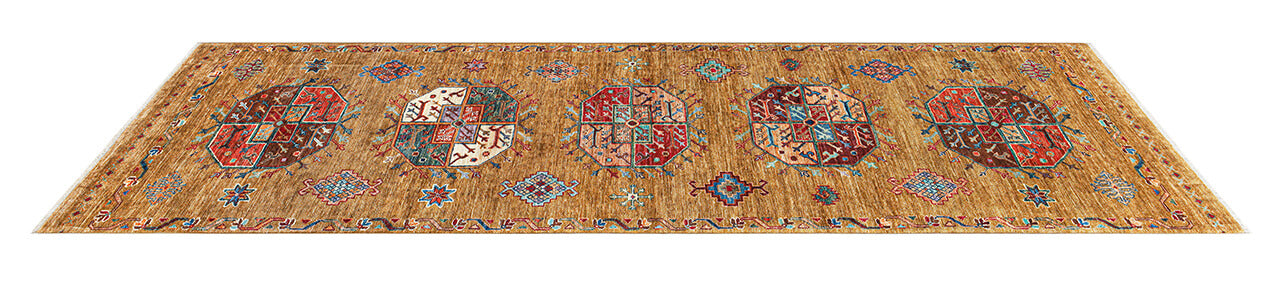 Afghan wool runner rug yellow, handmade 265x84cm