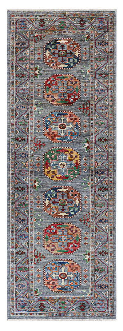 Tappeto passatoia Afghan blu in lana, fatto a mano 252x83cm - CarpetLiving