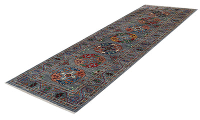 Tappeto passatoia Afghan blu in lana, fatto a mano 252x83cm - CarpetLiving