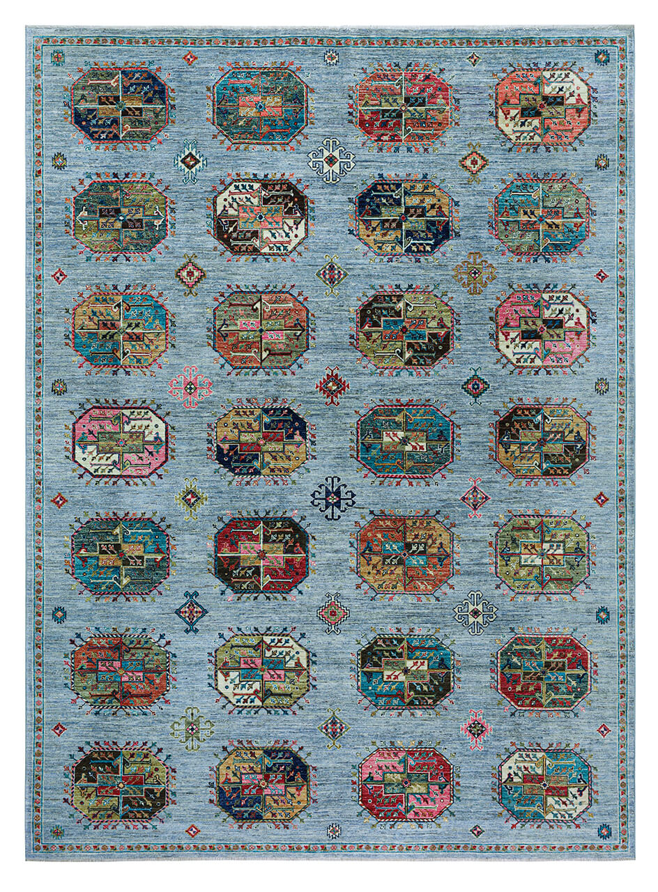 Afghan wool carpet blue, handmade 340x248cm