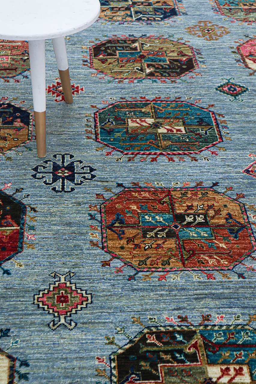 Afghan wool carpet blue, handmade 340x248cm
