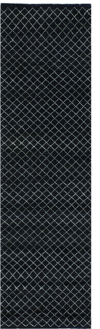 Modern design black Berber style runner rug, handmade 302x78cm