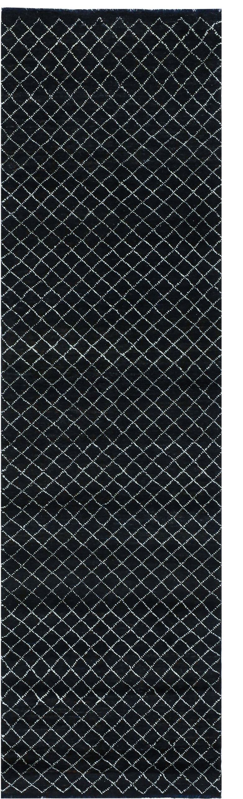 Modern design black Berber style runner rug, handmade 302x78cm