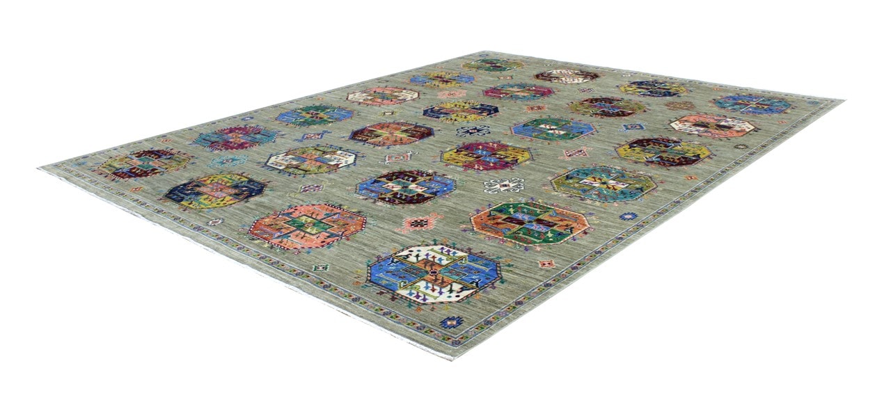 Afghan wool carpet green, handmade 301x259cm