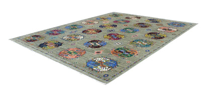 Afghan wool carpet green, handmade 301x259cm