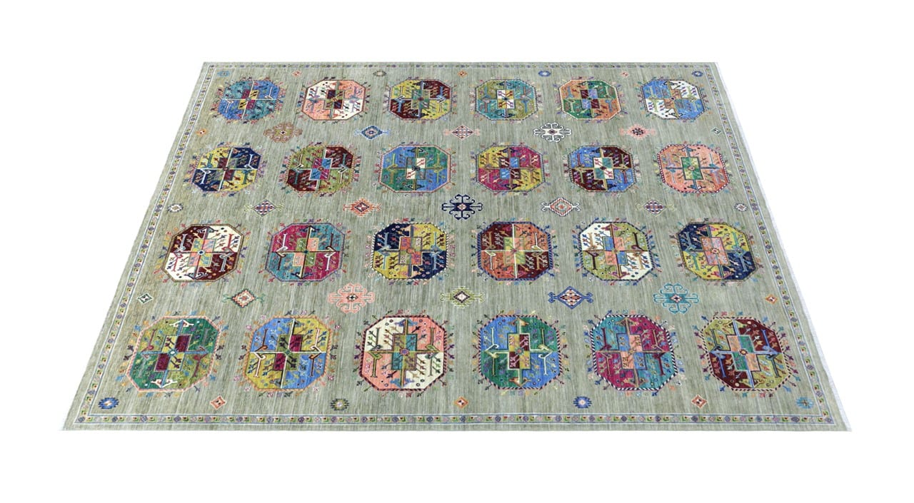 Afghan wool carpet green, handmade 301x259cm
