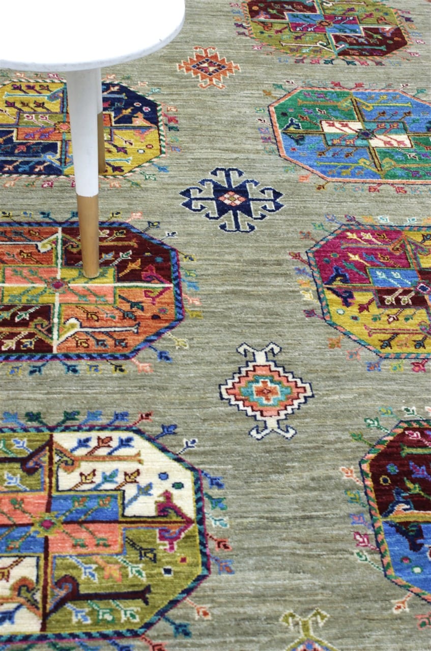 Afghan wool carpet green, handmade 301x259cm
