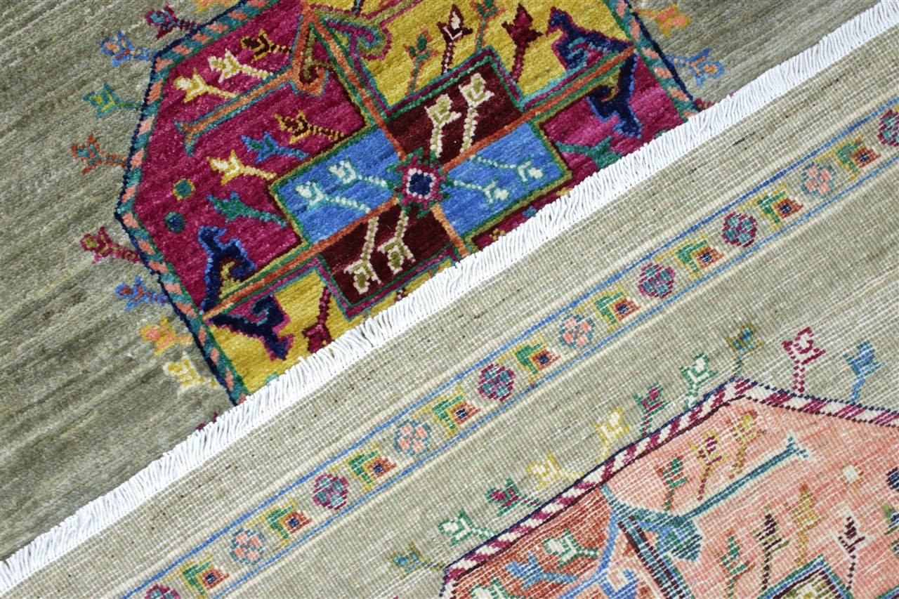 Afghan wool carpet green, handmade 301x259cm
