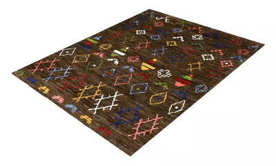 Tappeto Tribale in pura Lana Marrone, fatto a mano 300x230cm