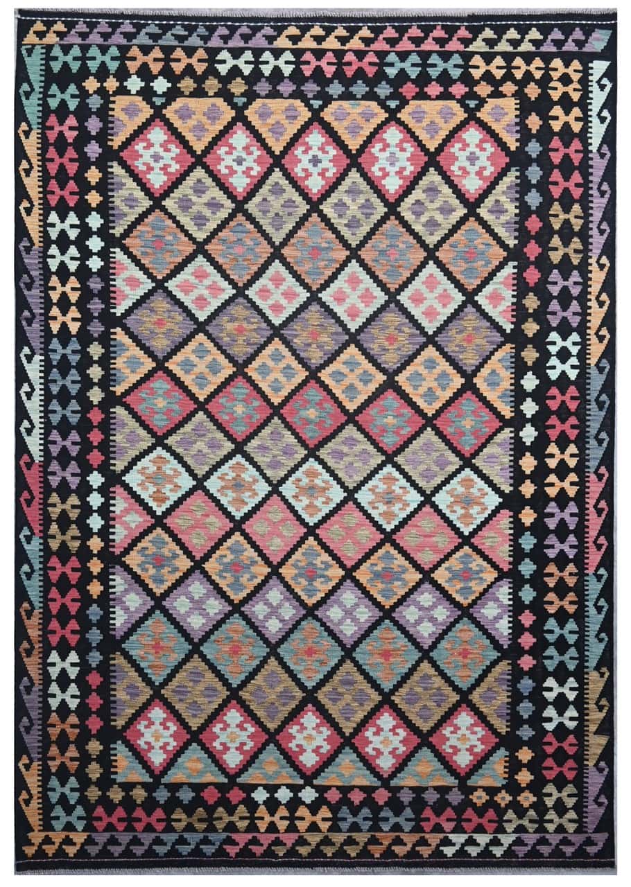 Tappeto Kilim Kaudani Afghan fatto a mano multicolore 303x206cm