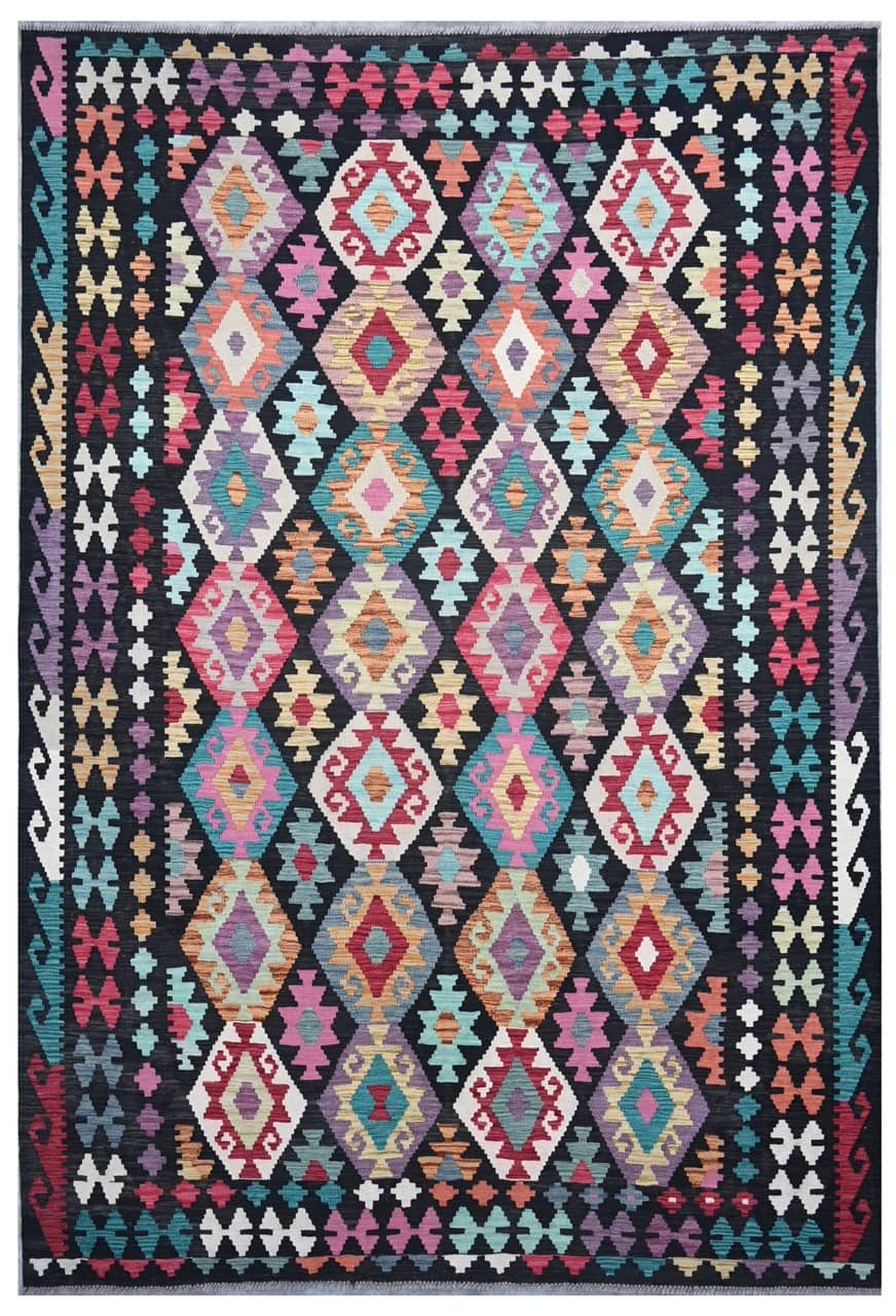 Tappeto Kilim Kaudani Afghan fatto a mano multicolore 303x201cm