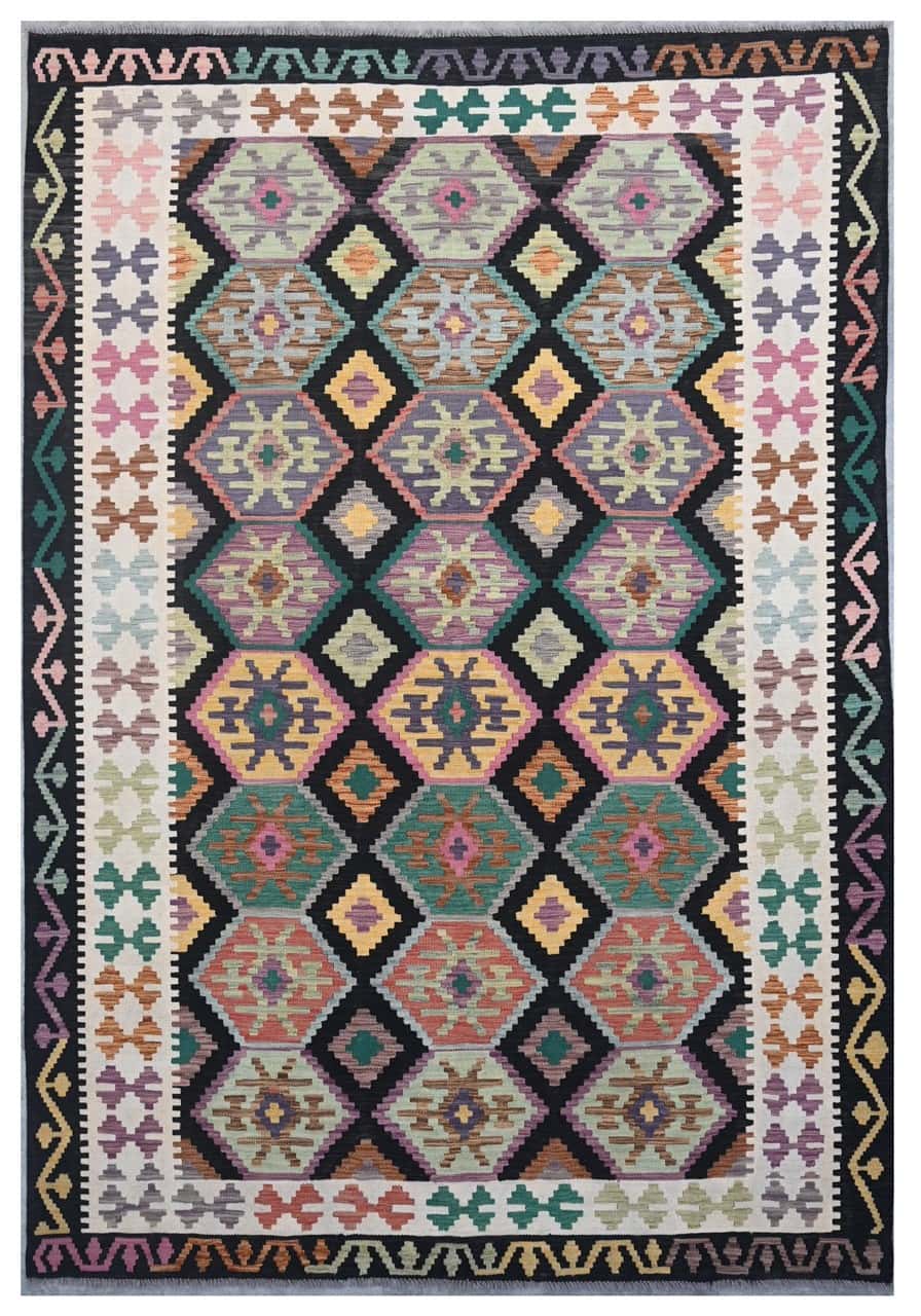 Tappeto Kilim Kaudani Afghan fatto a mano multicolore 294x204cm