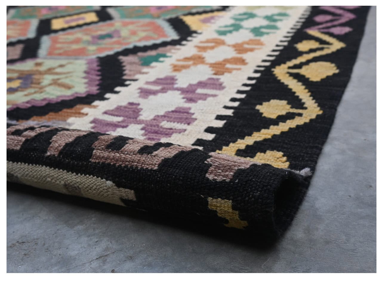 Tappeto Kilim Kaudani Afghan fatto a mano multicolore 294x204cm