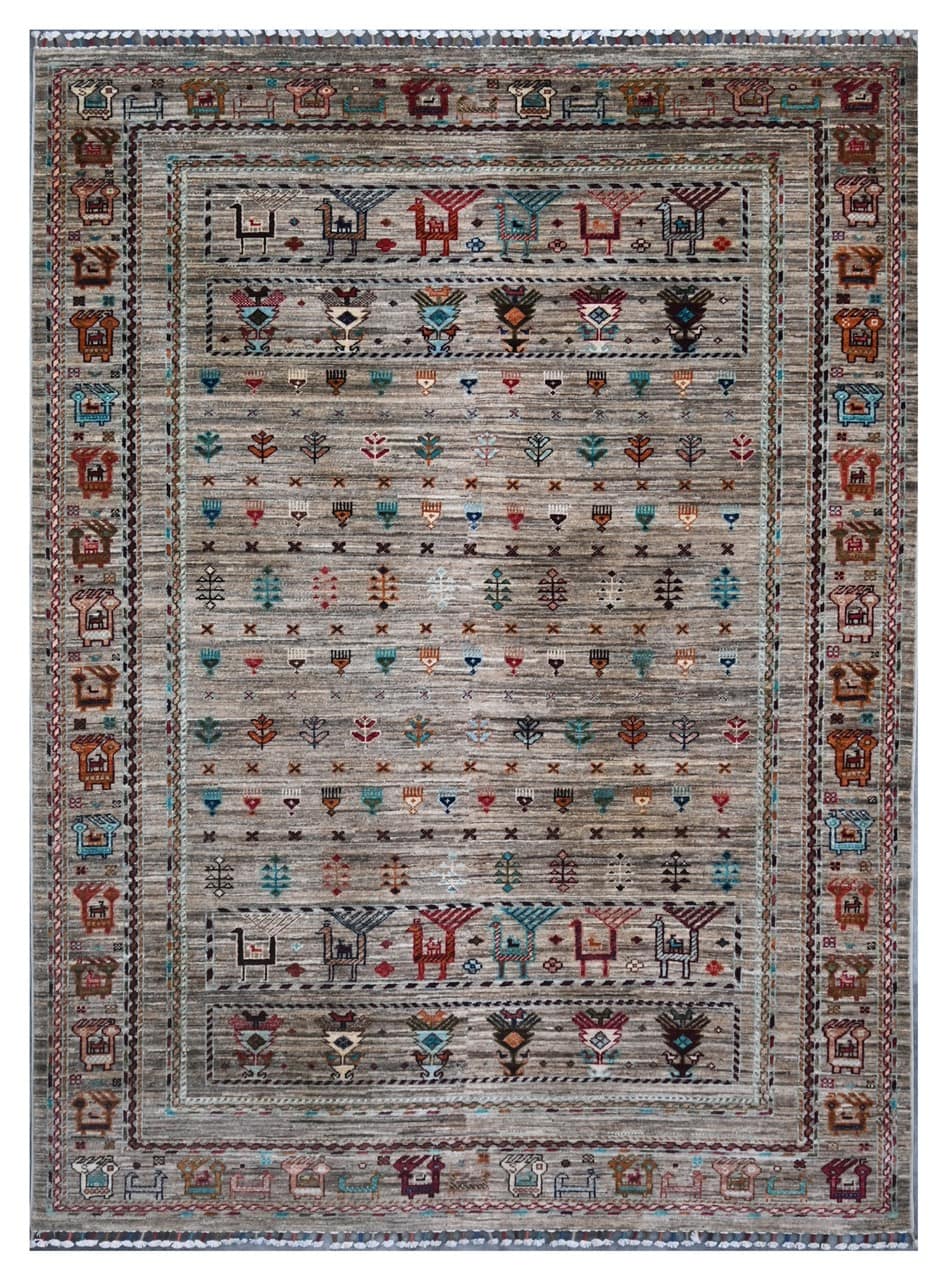 Afghan wool carpet grey, handmade 208x154cm