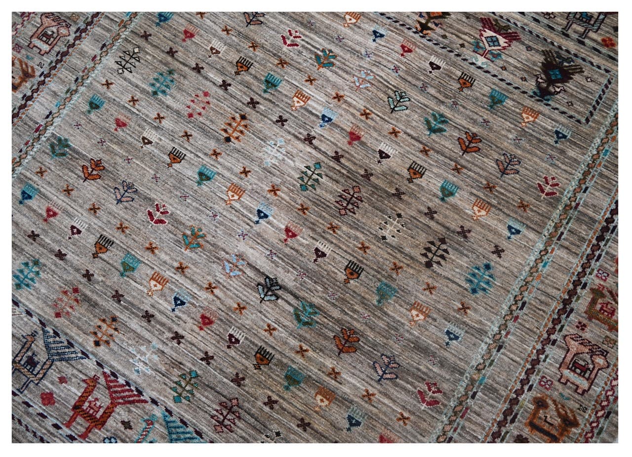 Afghan wool carpet grey, handmade 208x154cm