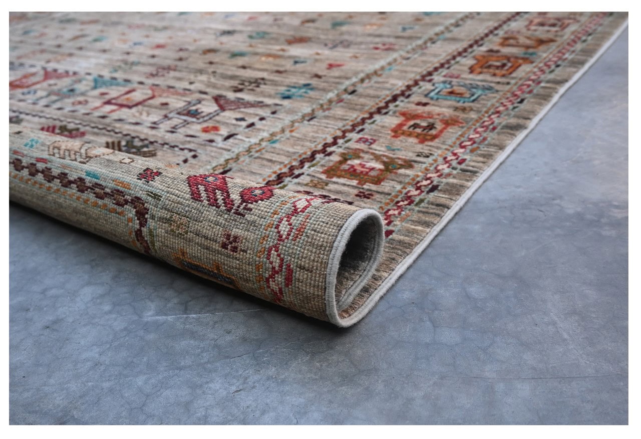 Afghan wool carpet grey, handmade 208x154cm