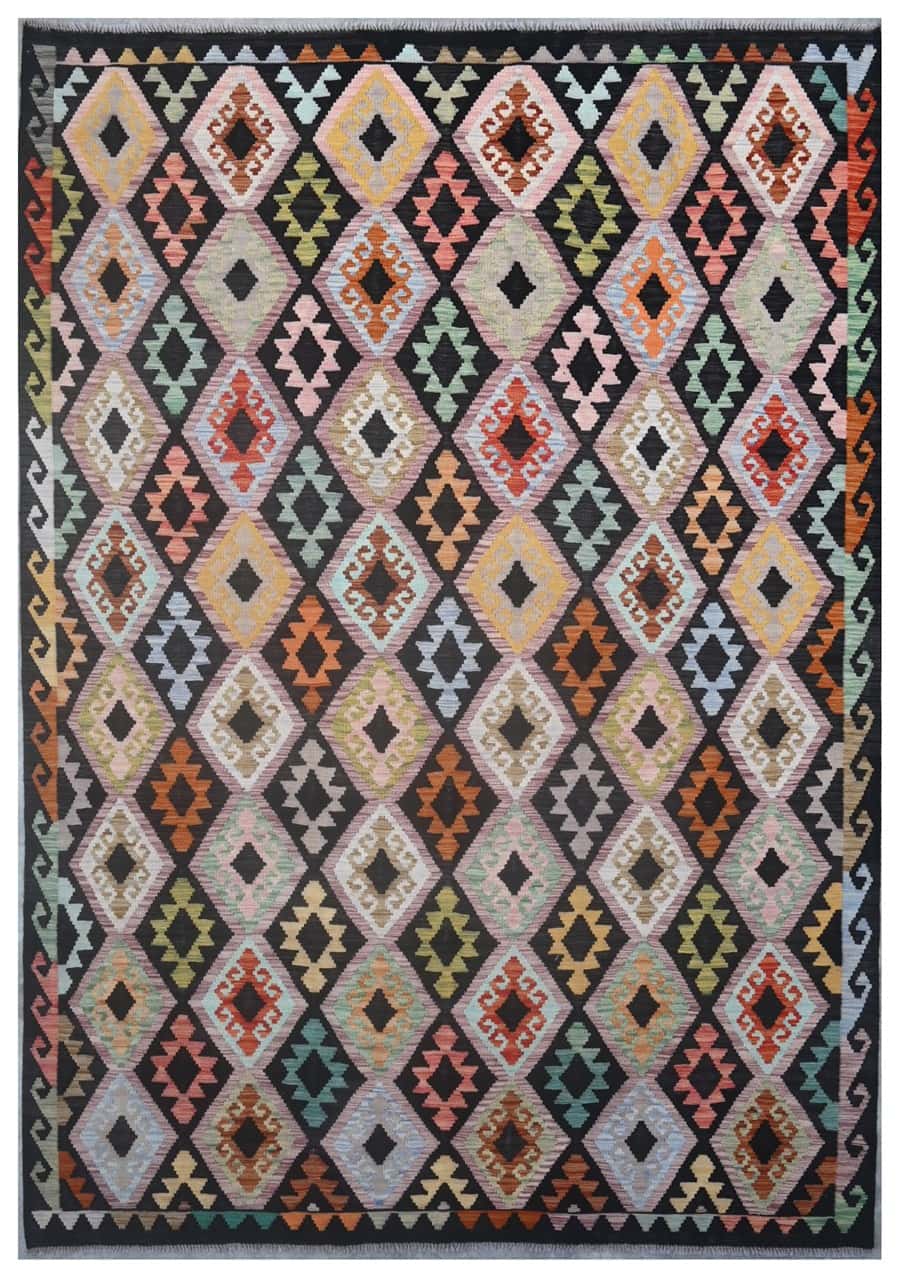 Tappeto Kilim Kaudani Afghan fatto a mano multicolore 294x204cm