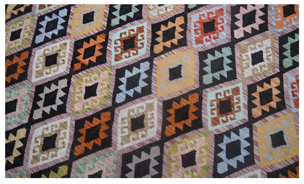 Tappeto Kilim Kaudani Afghan fatto a mano multicolore 294x204cm