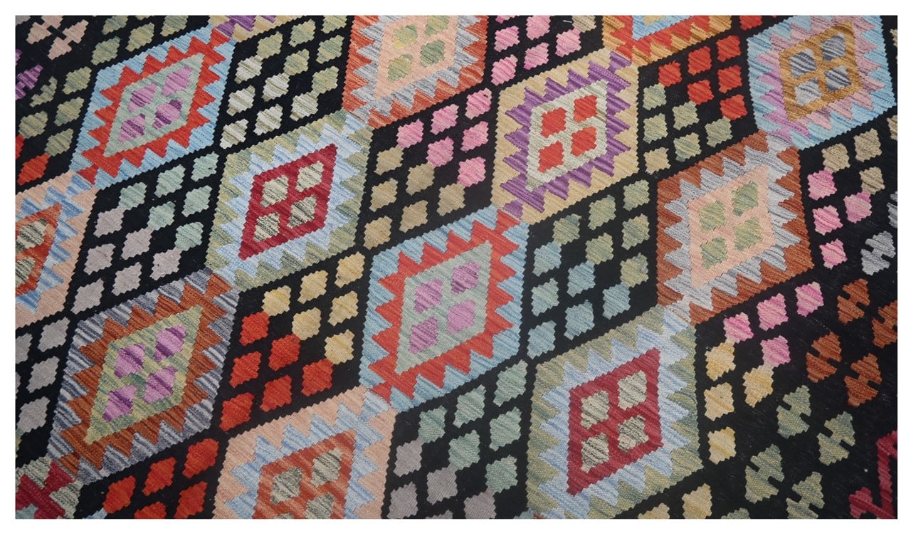 Tappeto Kilim Kaudani Afghan fatto a mano multicolore 302x204cm