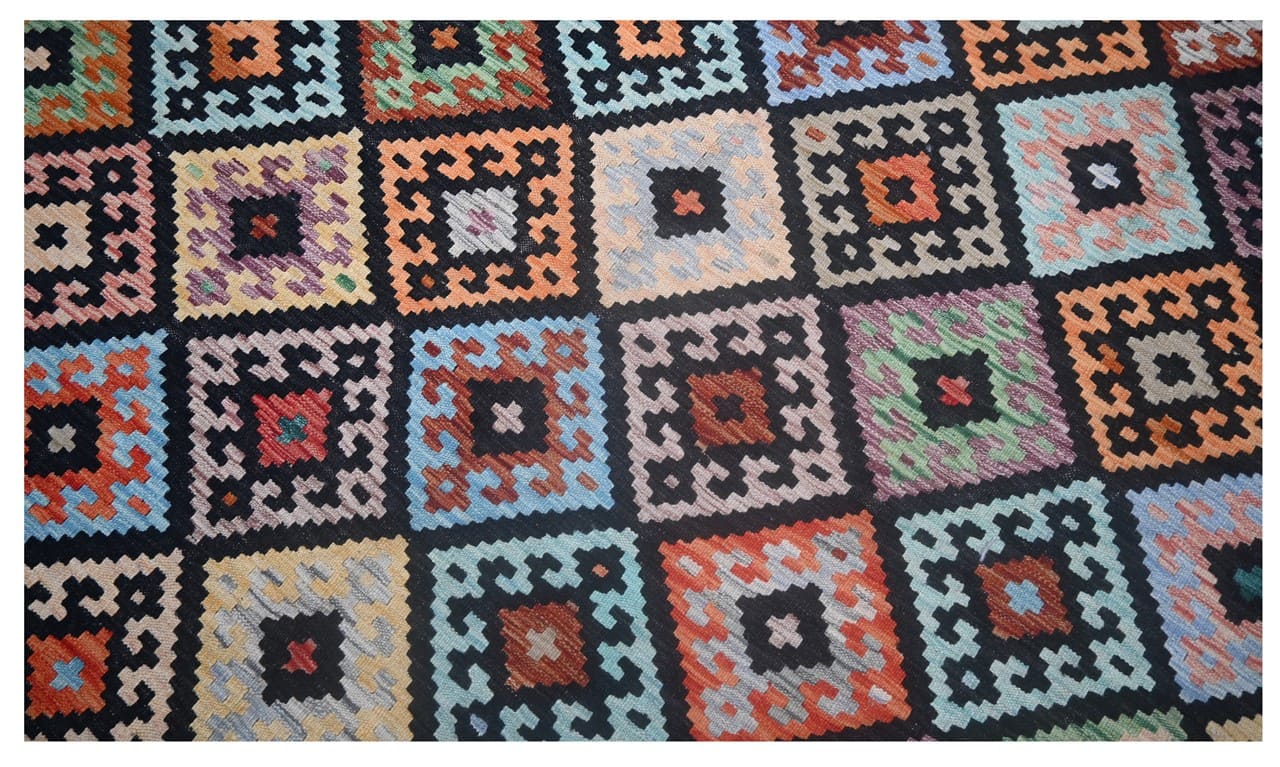 Tappeto Kilim Kaudani Afghan fatto a mano multicolore 297x205cm