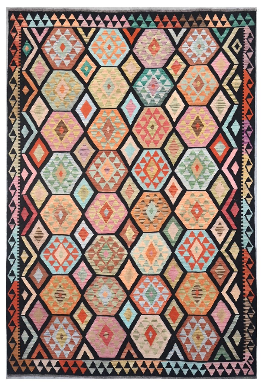 Tappeto Kilim Kaudani Afghan fatto a mano multicolore 301x204cm