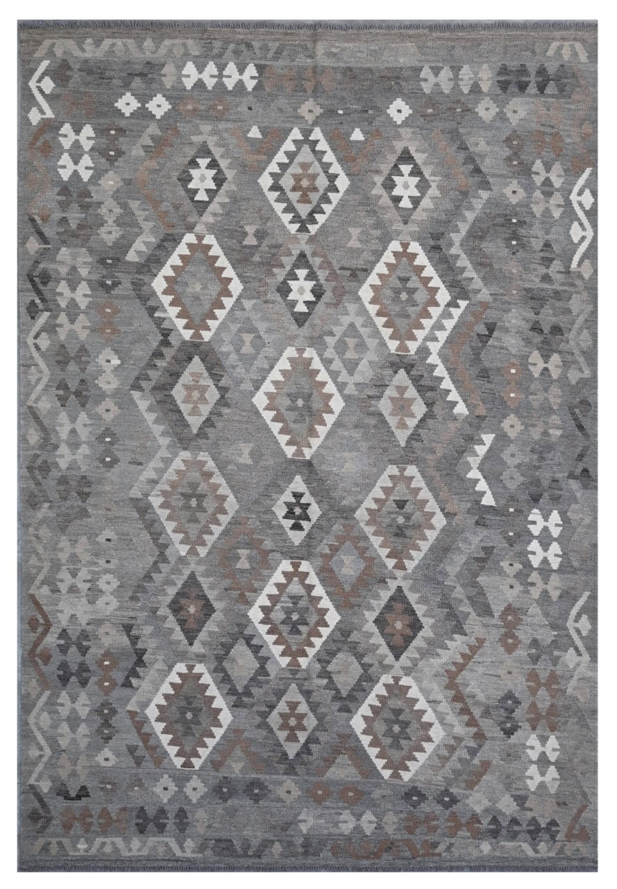 Tappeto Kilim Afghan Grigio Naturale, Fatto a mano, 302x203cm