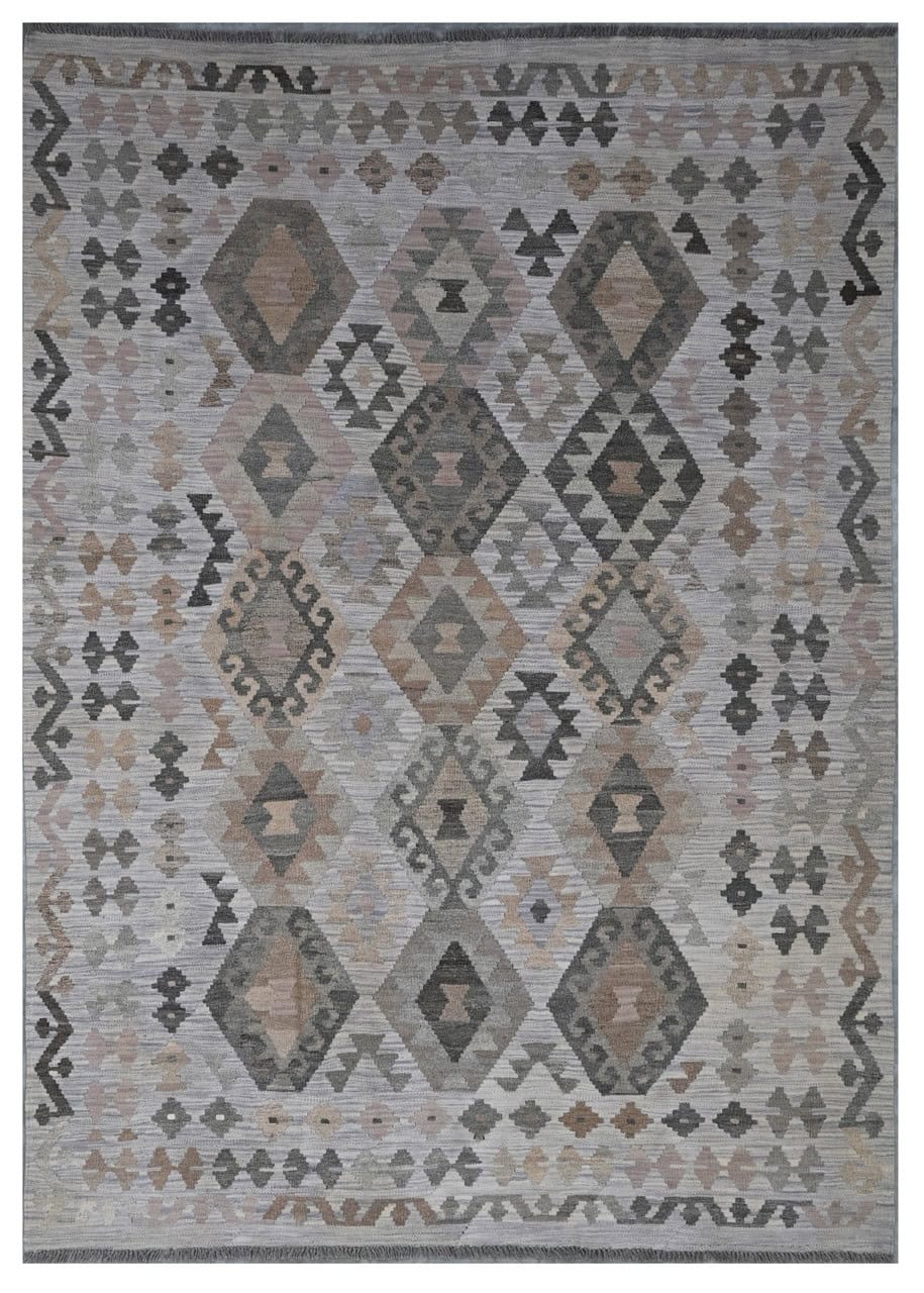 Tappeto Kilim Afghan Grigio Naturale, Fatto a mano, 255x181cm