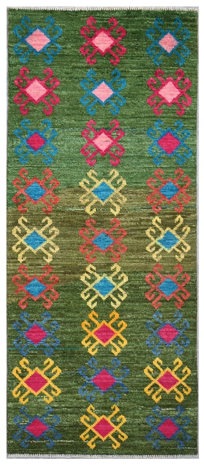 Tappeto tribale passatoia verde in lana, fatto a mano, 192x79 cm - CarpetLiving