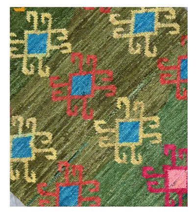 Tappeto tribale passatoia verde in lana, fatto a mano, 192x79 cm - CarpetLiving