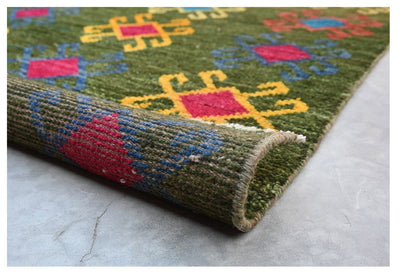 Tappeto tribale passatoia verde in lana, fatto a mano, 192x79 cm - CarpetLiving