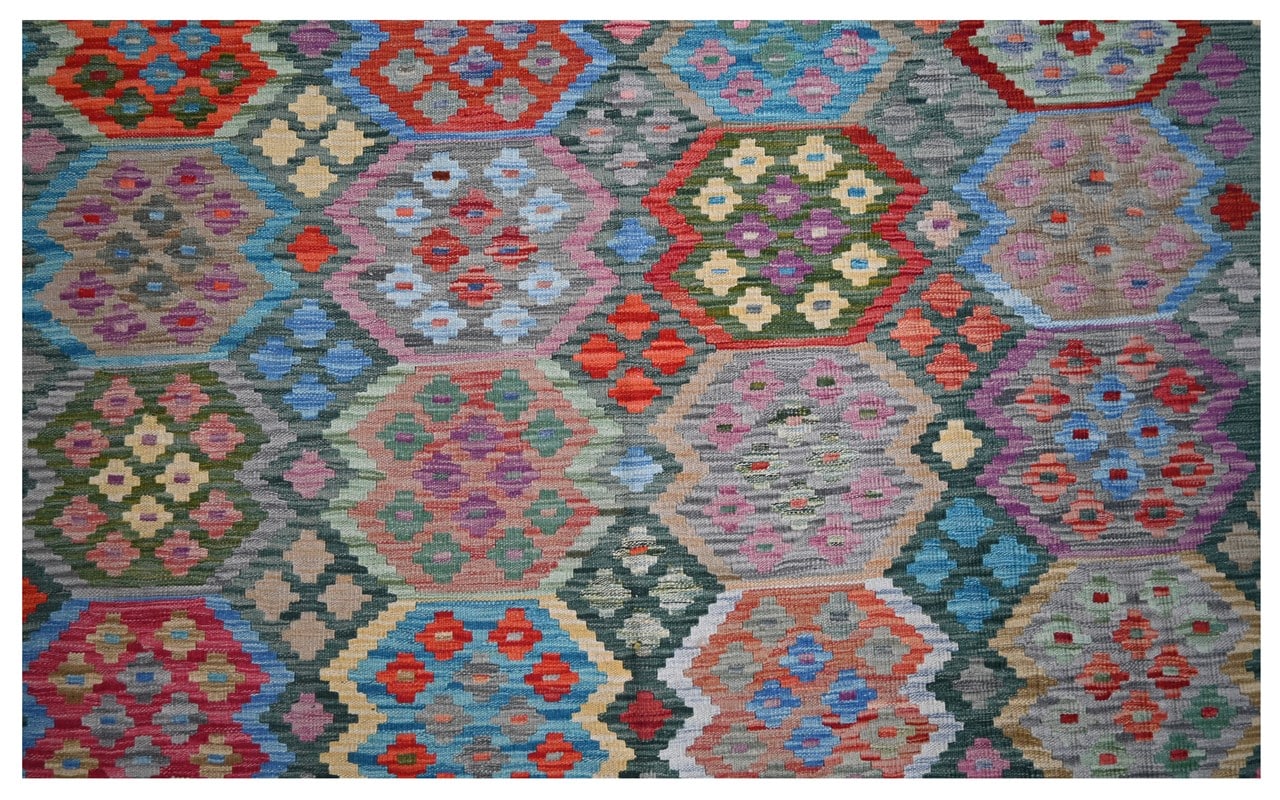 Tappeto Kilim Kaudani Afghan fatto a mano multicolore 361x254cm