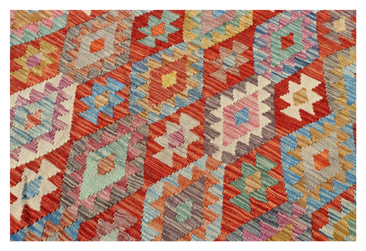 Tappeto Kilim Kaudani Afghan fatto a mano multicolore 302x202cm
