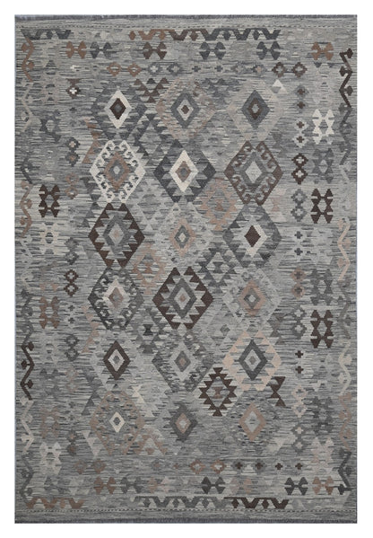 Tappeto Kilim Afghan Grigio Naturale, Fatto a mano, 294x198cm