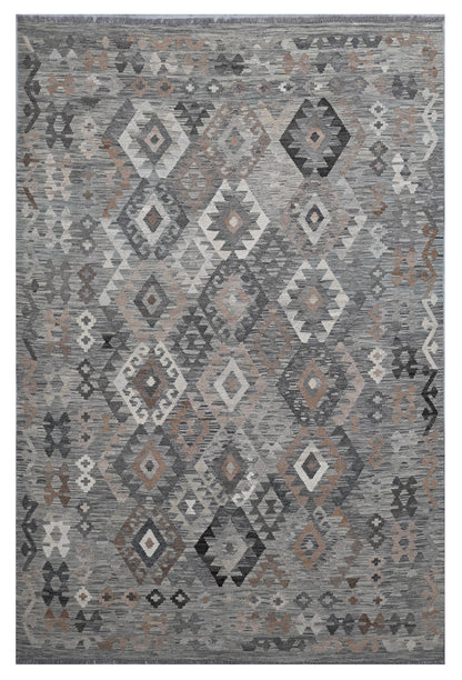 Tappeto Kilim Afghan Grigio Naturale, Fatto a mano, 293x199cm