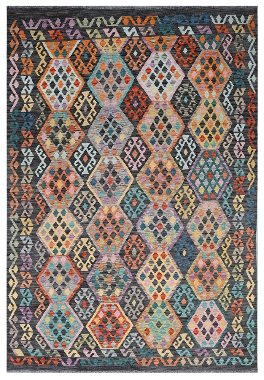 Tappeto Kilim Kaudani Afghan fatto a mano multicolore 294x210cm