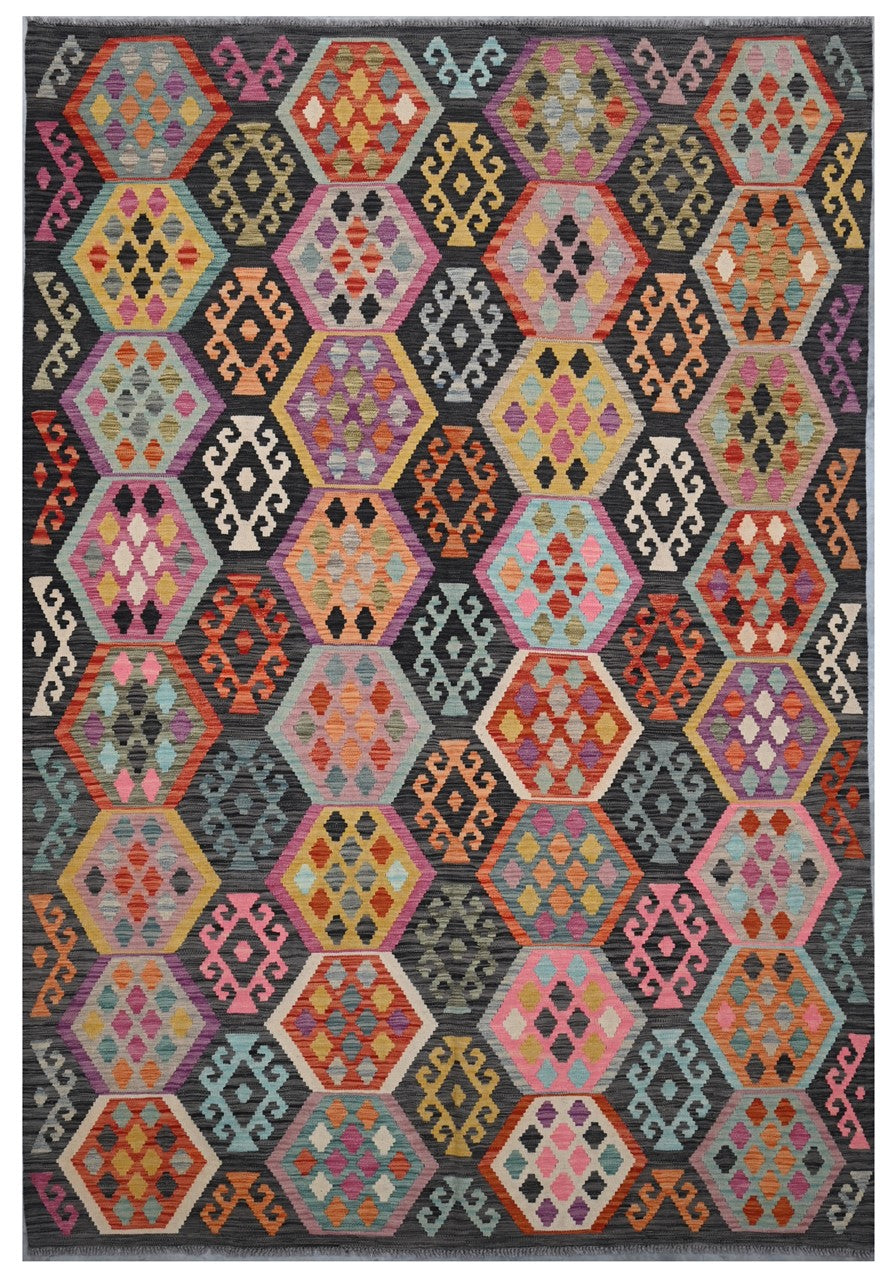 Tappeto Kilim Kaudani Afghan fatto a mano multicolore 300x205cm