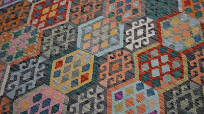 Tappeto Kilim Kaudani Afghan fatto a mano multicolore 289x210cm