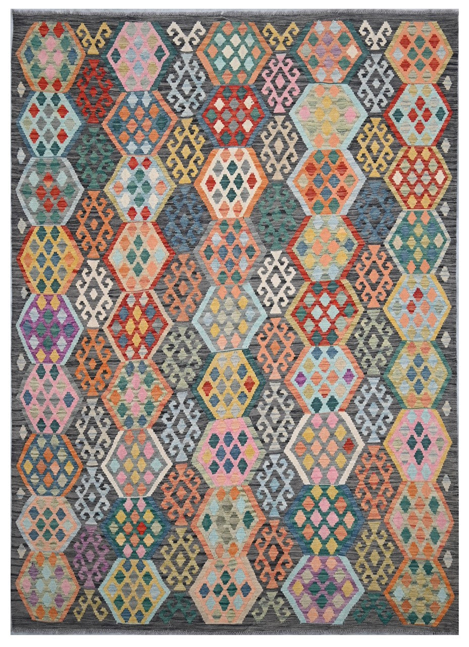 Tappeto Kilim Kaudani Afghan fatto a mano multicolore 289x210cm