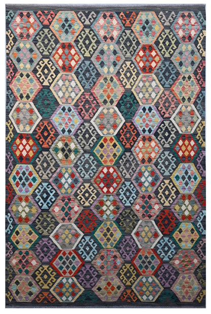 Tappeto Kilim Kaudani Afghan fatto a mano multicolore 303x201cm