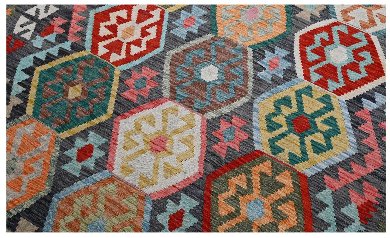 Tappeto Kilim Kaudani Afghan fatto a mano multicolore 291x205cm