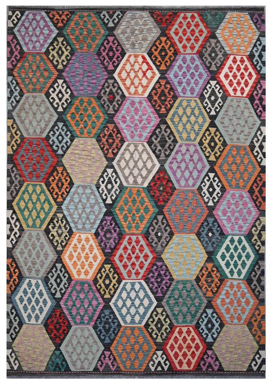 Tappeto Kilim Kaudani Afghan fatto a mano multicolore 300x207cm