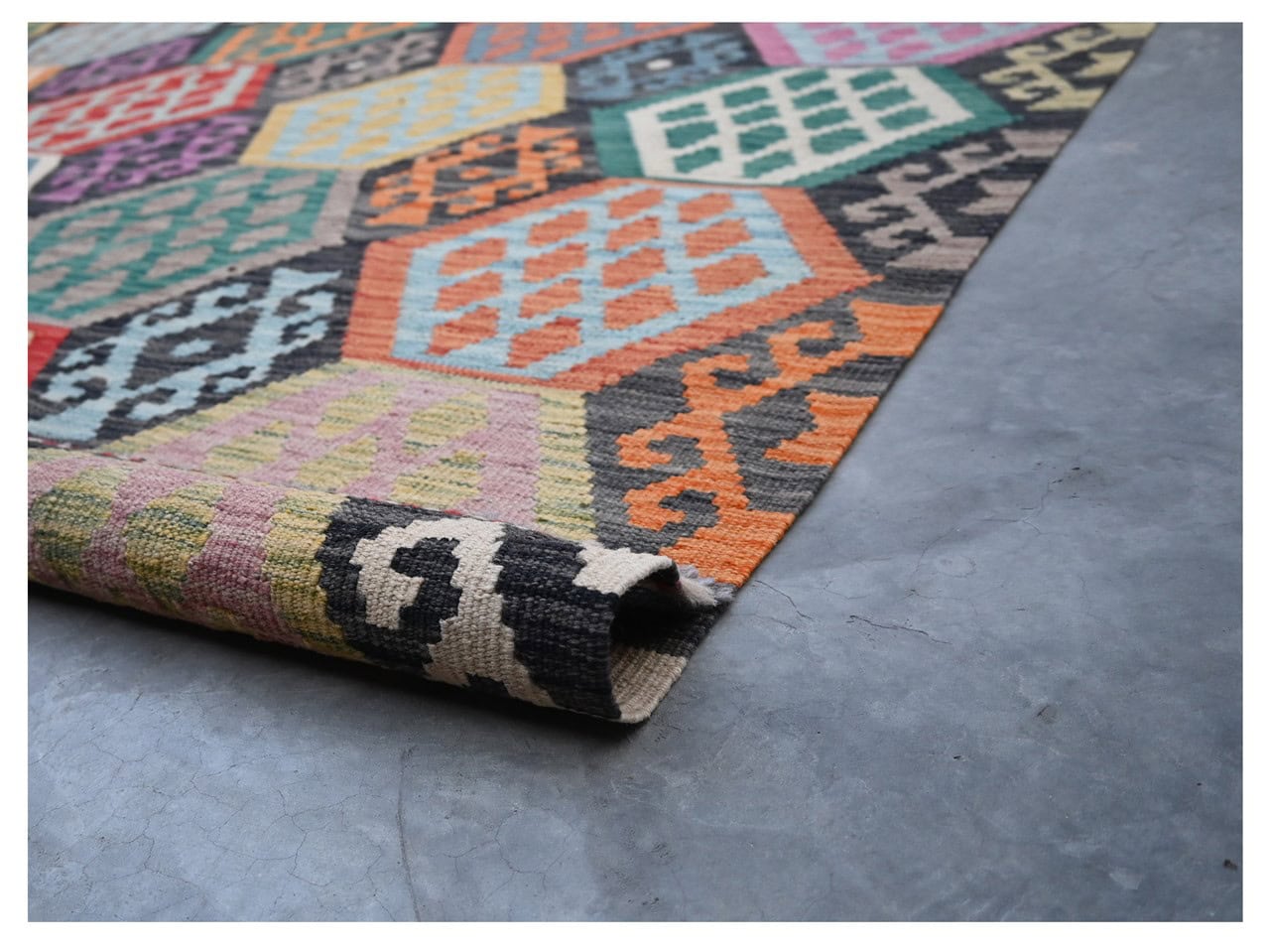 Tappeto Kilim Kaudani Afghan fatto a mano multicolore 300x207cm