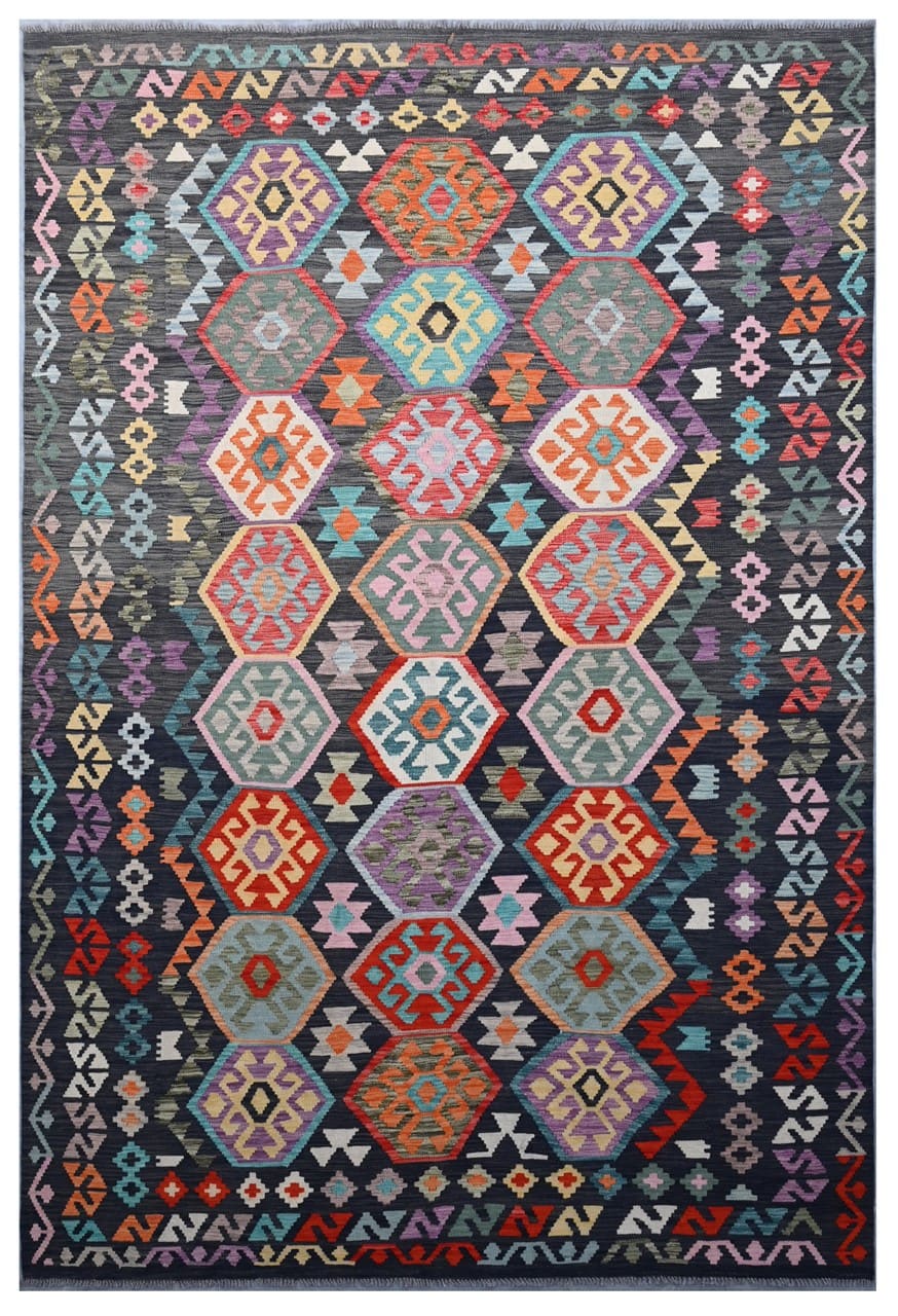 Tappeto Kilim Kaudani Afghan fatto a mano multicolore 298x203cm