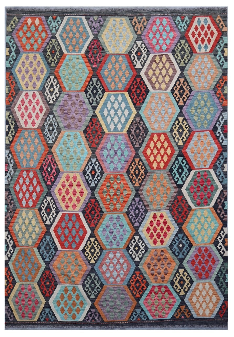 Tappeto Kilim Kaudani Afghan fatto a mano multicolore 300x210cm