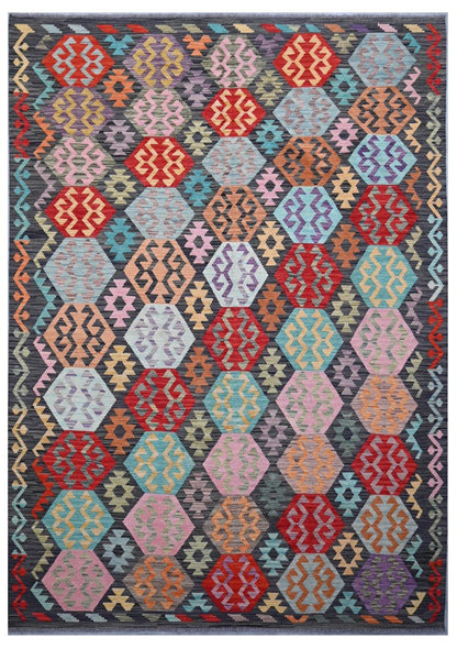 Tappeto Kilim Kaudani Afghan fatto a mano multicolore 294x208cm