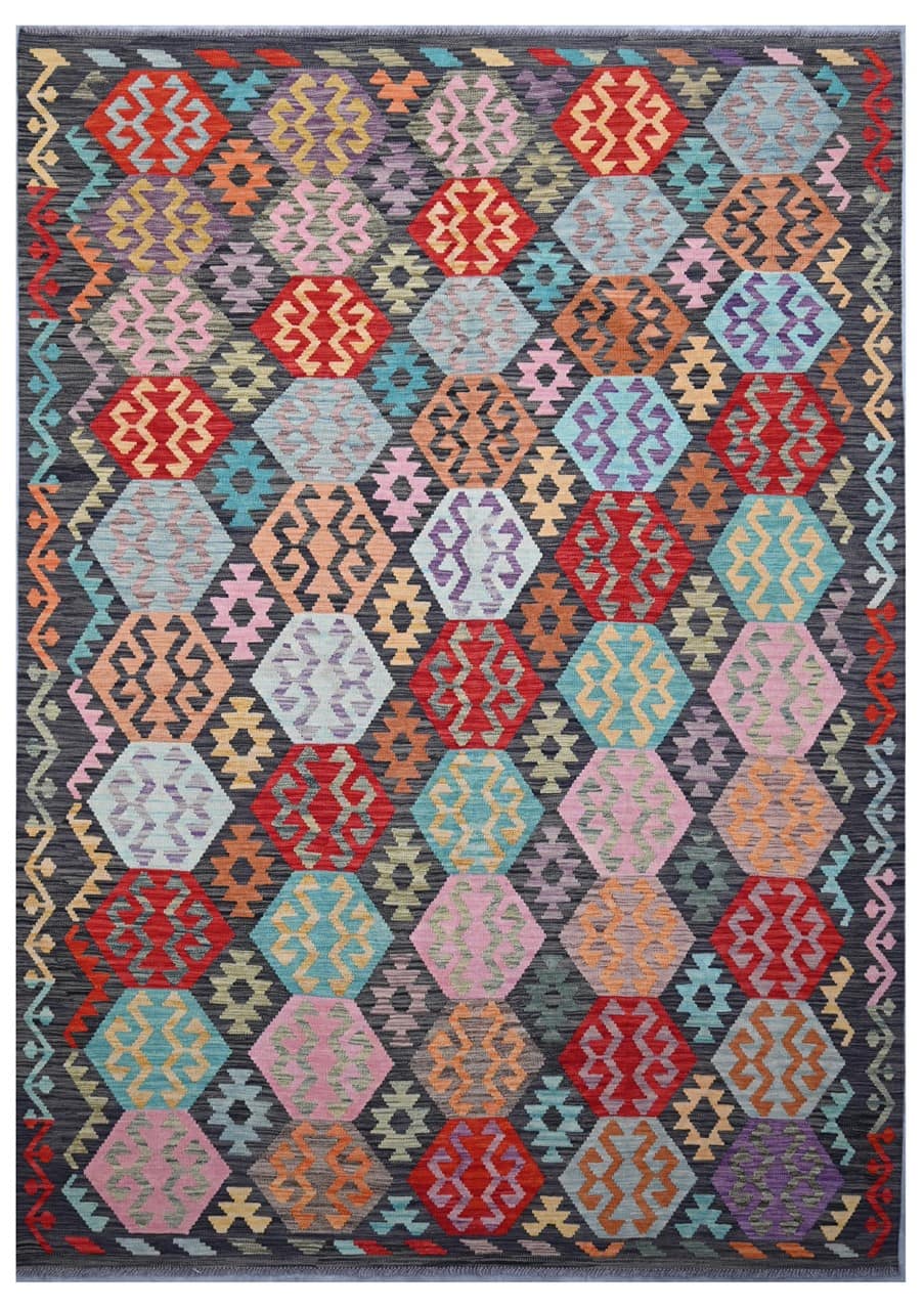 Tappeto Kilim Kaudani Afghan fatto a mano multicolore 294x208cm